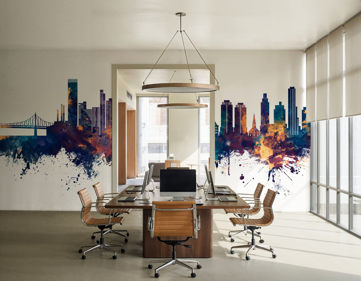 Queens New York Skyline Blue & Bronze Mural Wallpaper - room preview 04