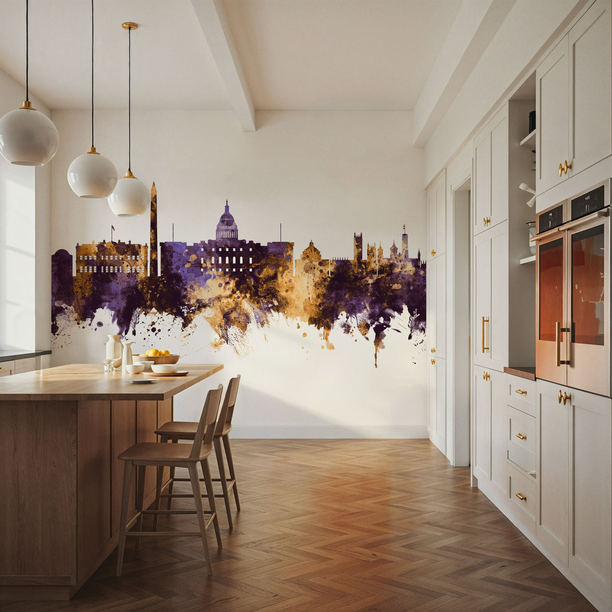 Washington DC Skyline Purple & Gold Mural Wallpaper - room preview 04