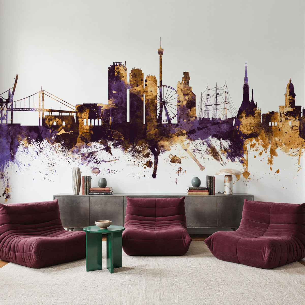 Gothenburg Skyline Purple & Gold Mural Wallpaper - room preview 04