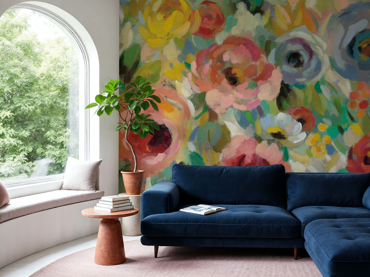Vivid Coral Floral I Mural Wallpaper - room preview 04