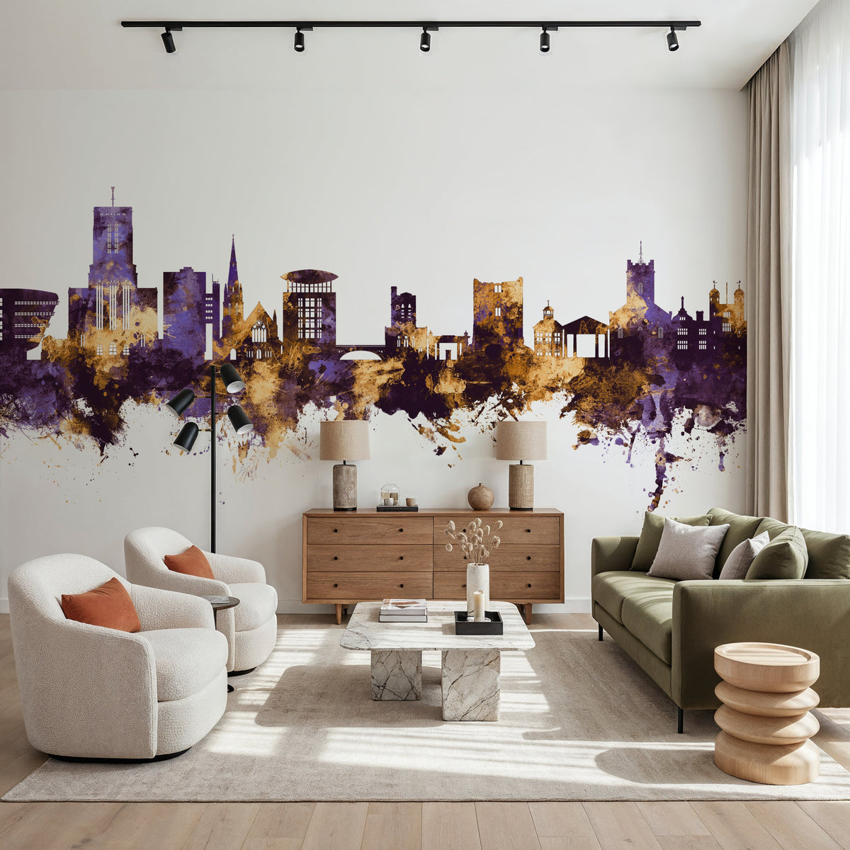 Guildford England Skyline Purpl & Gold Mural Wallpaper - room preview 04