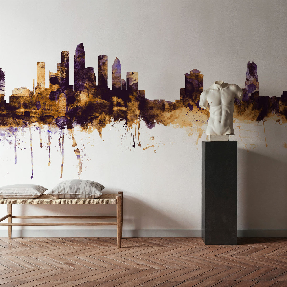 Tampa Florida Skyline Purple & Gold Mural Wallpaper - room preview 04