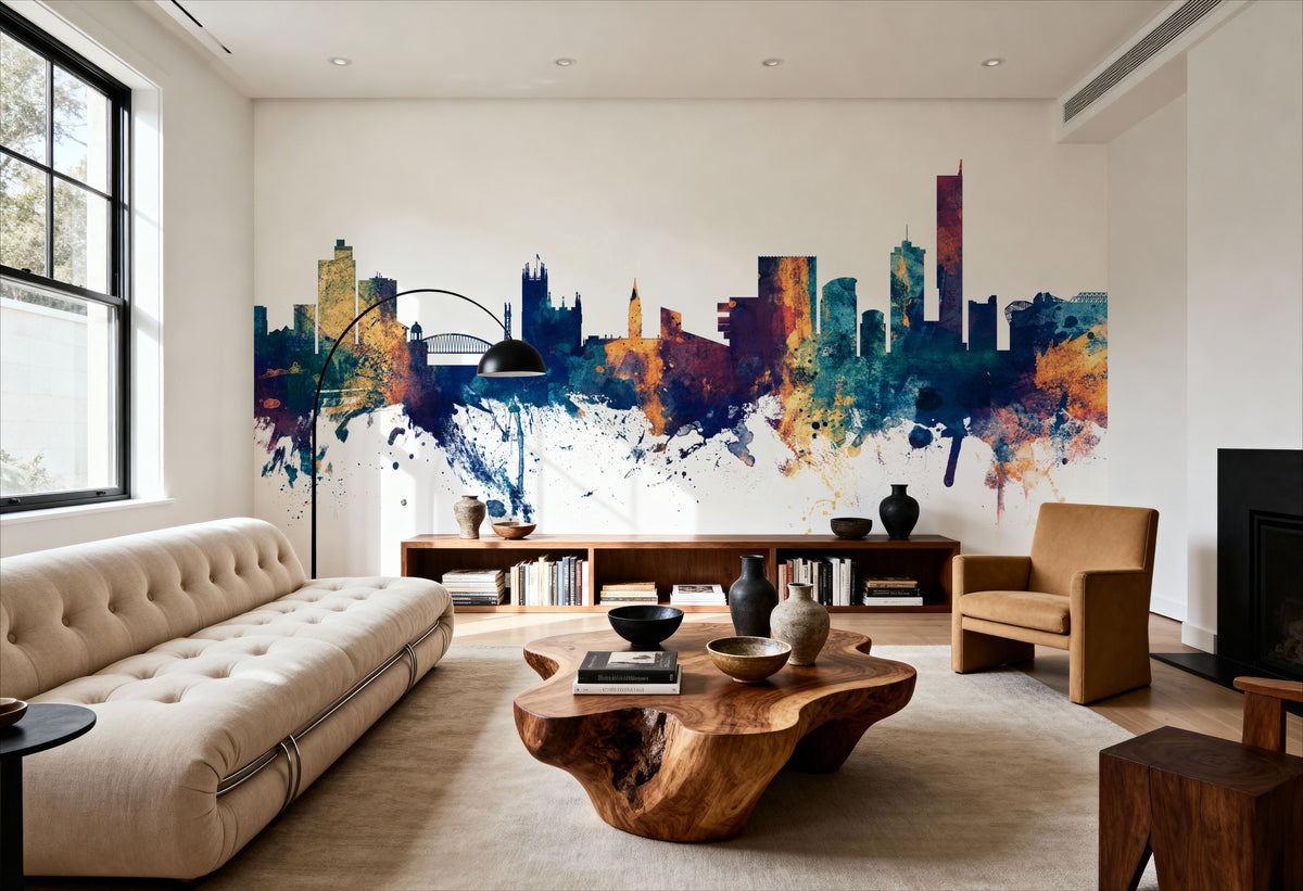 Manchester England Skyline Blue & Bronze Mural Wallpaper - room preview 04