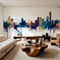 Manchester England Skyline Blue & Bronze Mural Wallpaper - room preview 04