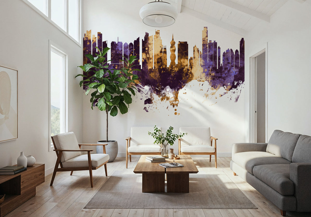 Panama City Skyline Purple & Gold Mural Wallpaper - room preview 04