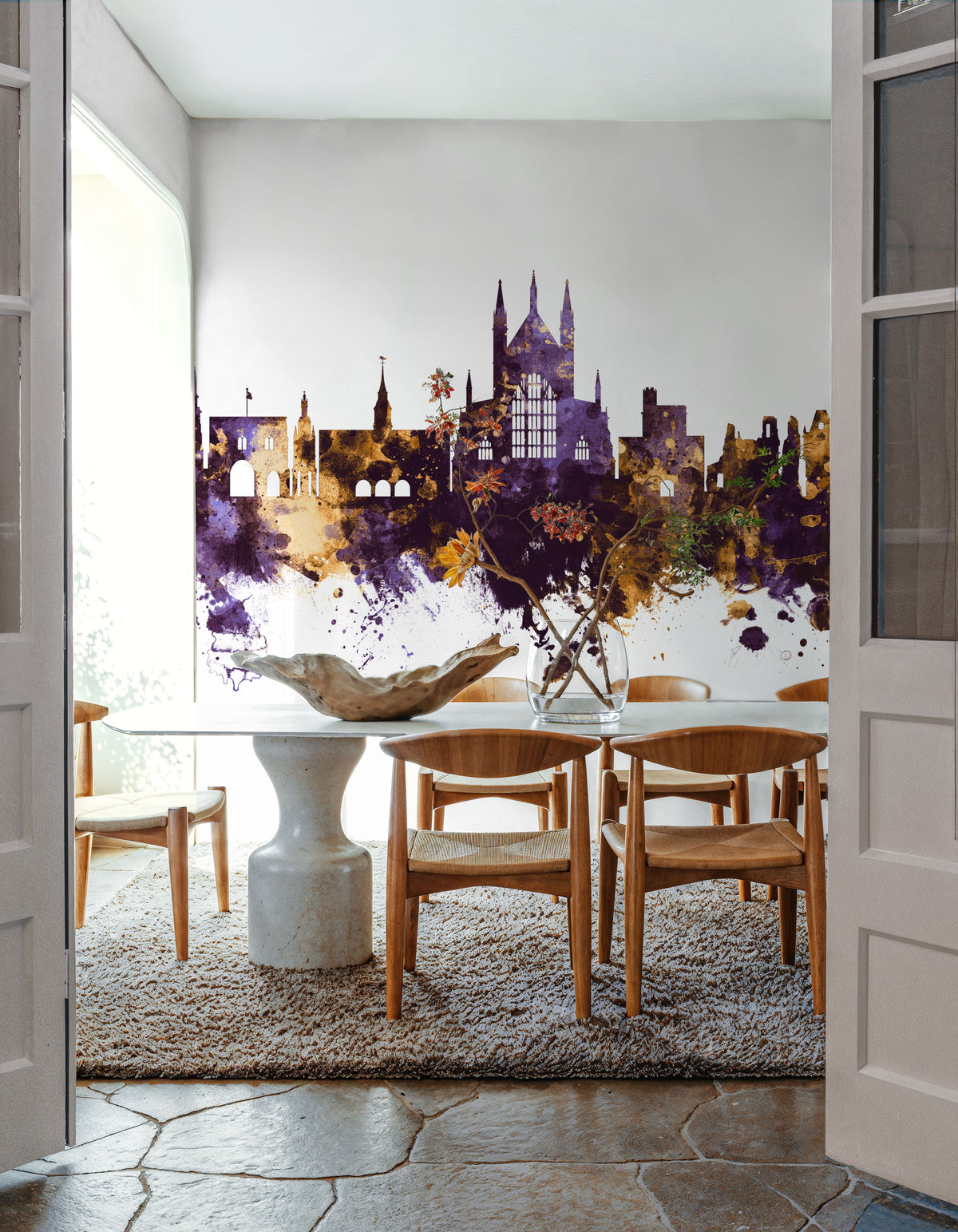 Winchester England Skyline Purple & Gold Mural Wallpaper - room preview 04