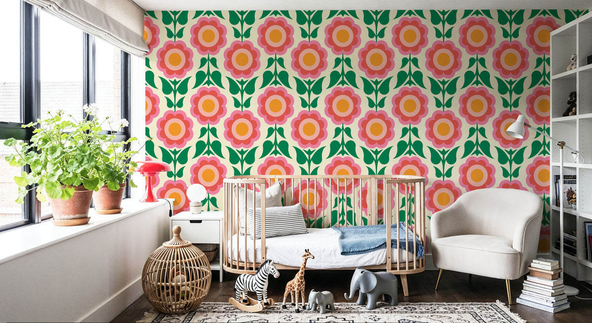 Retro Bold Blooms, Pink Mural Wallpaper - room preview 04