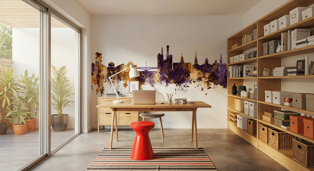 Iowa City Skyline Purple & Gold Mural Wallpaper - room preview 04
