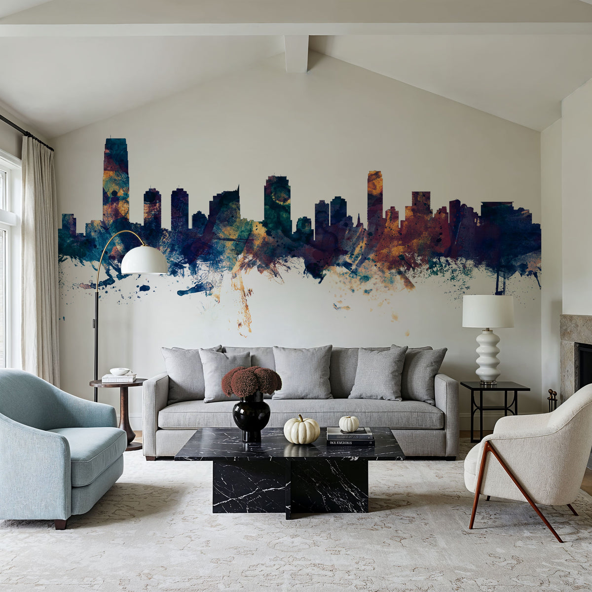 Jersey City New York Skyline Blue & Bronze Mural Wallpaper - room preview 04