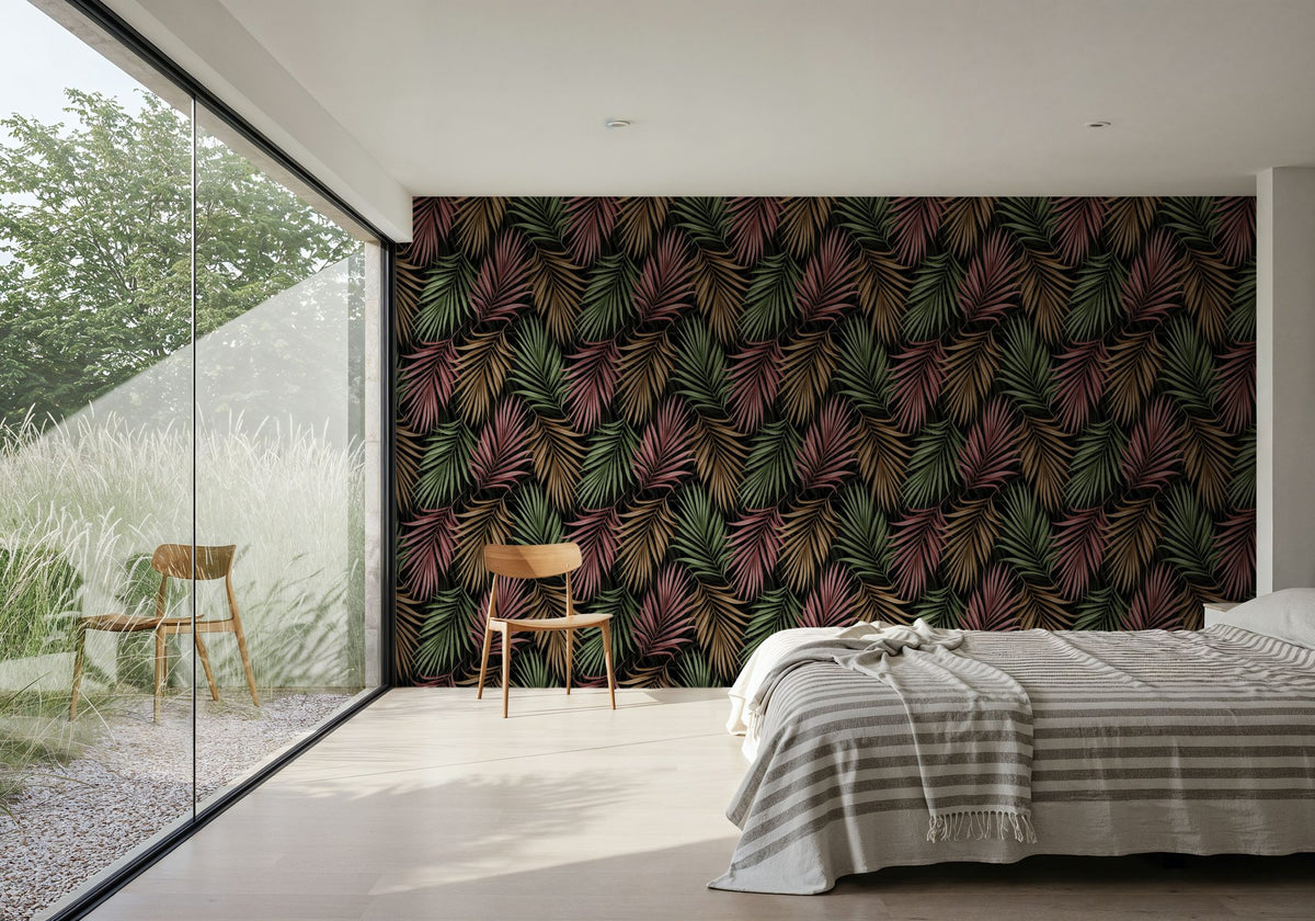 Bright Palms Pattern, Plum & Brown Mural Wallpaper - room preview 04
