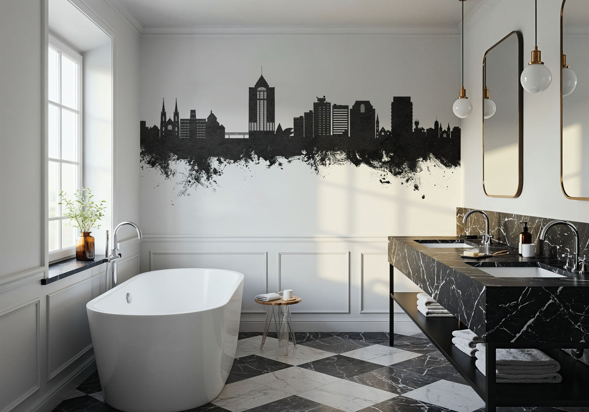 Roanoke Virginia Skyline Black & White Mural Wallpaper - room preview 04