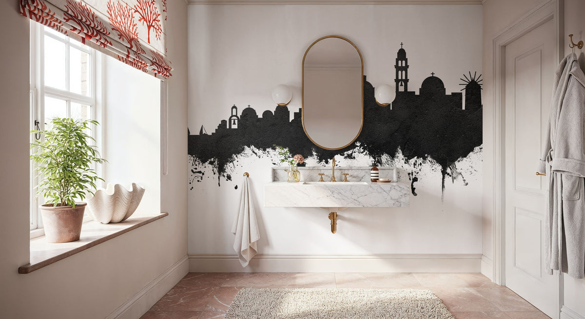 Santorini Skyline Black & White Mural Wallpaper - room preview 04
