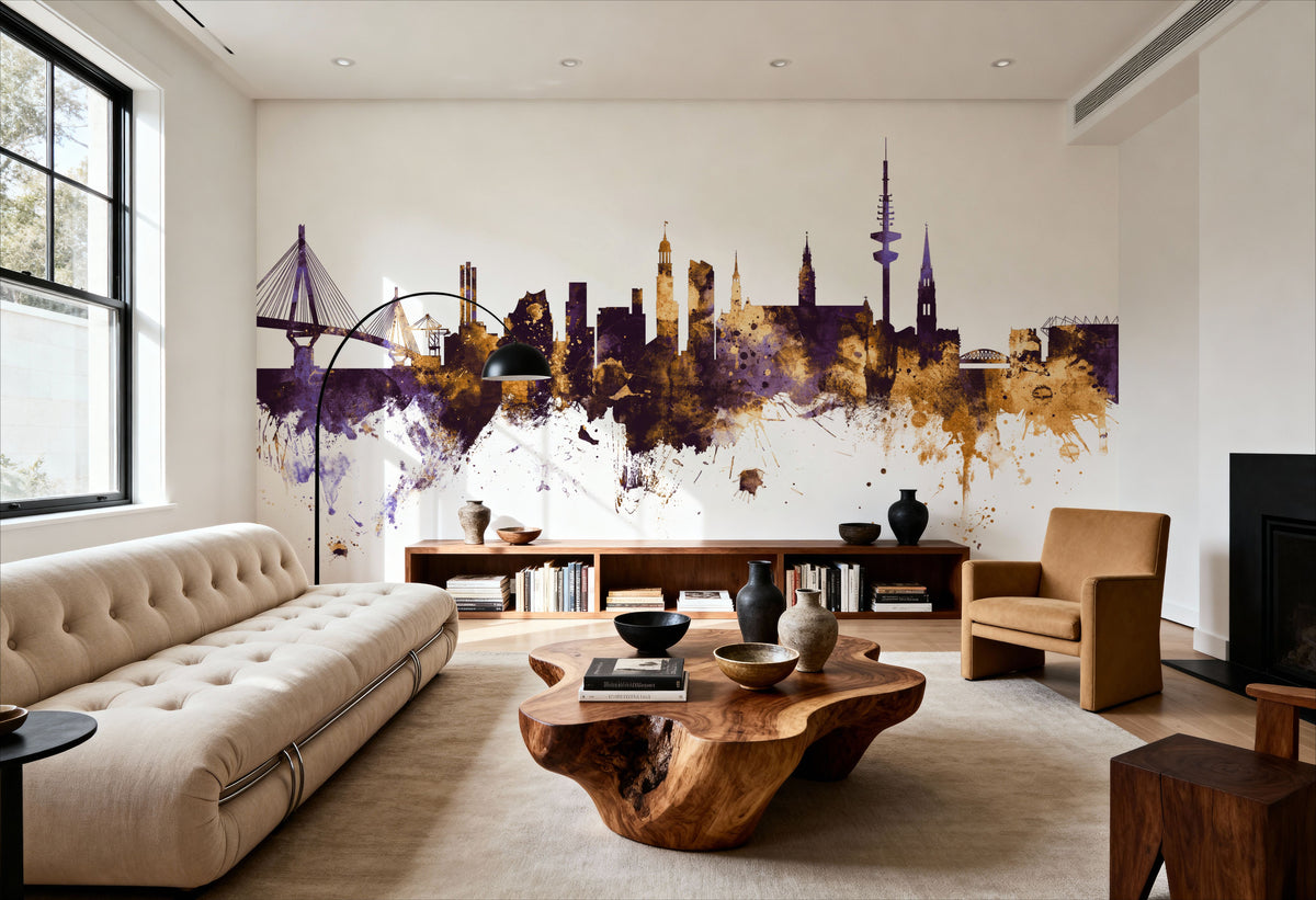 Hamburg Germany Skyline Purlpe & Gold Mural Wallpaper - room preview 04