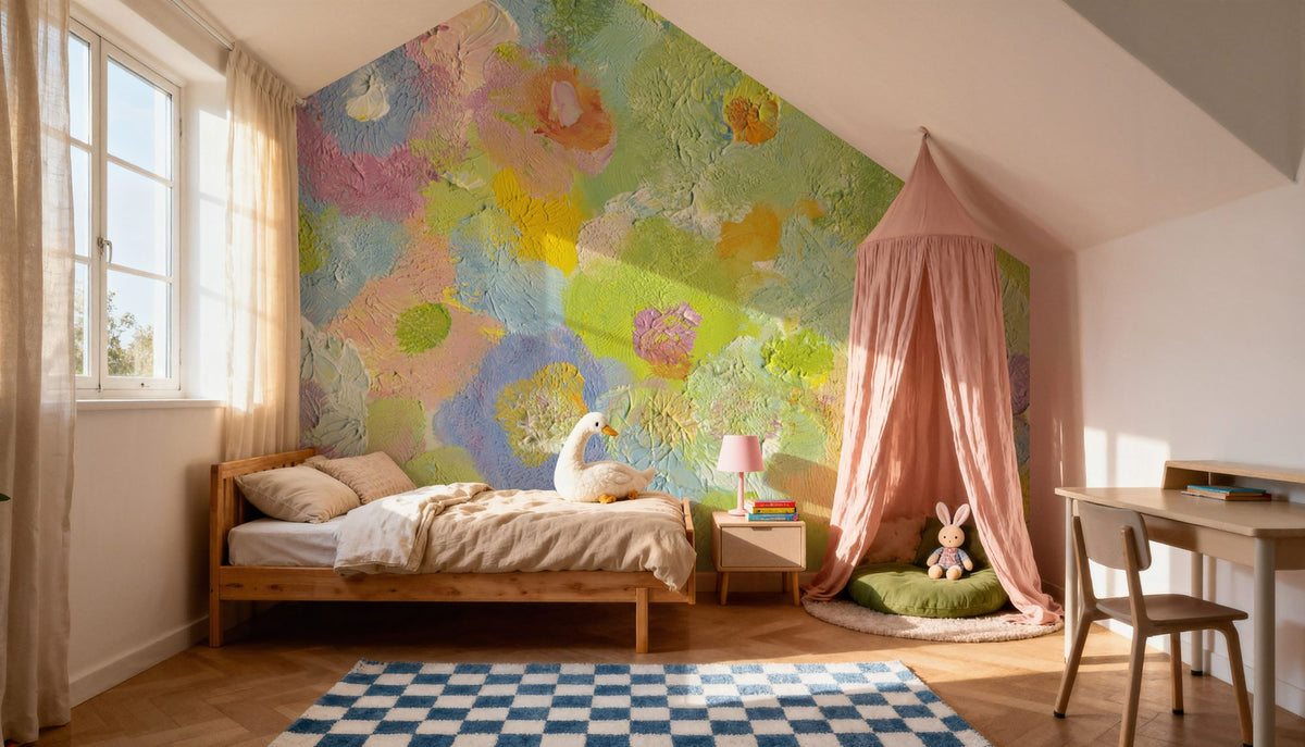 Happy Oil Painted Flowers, Green & Yellow Mural Wallpaper - room preview 05