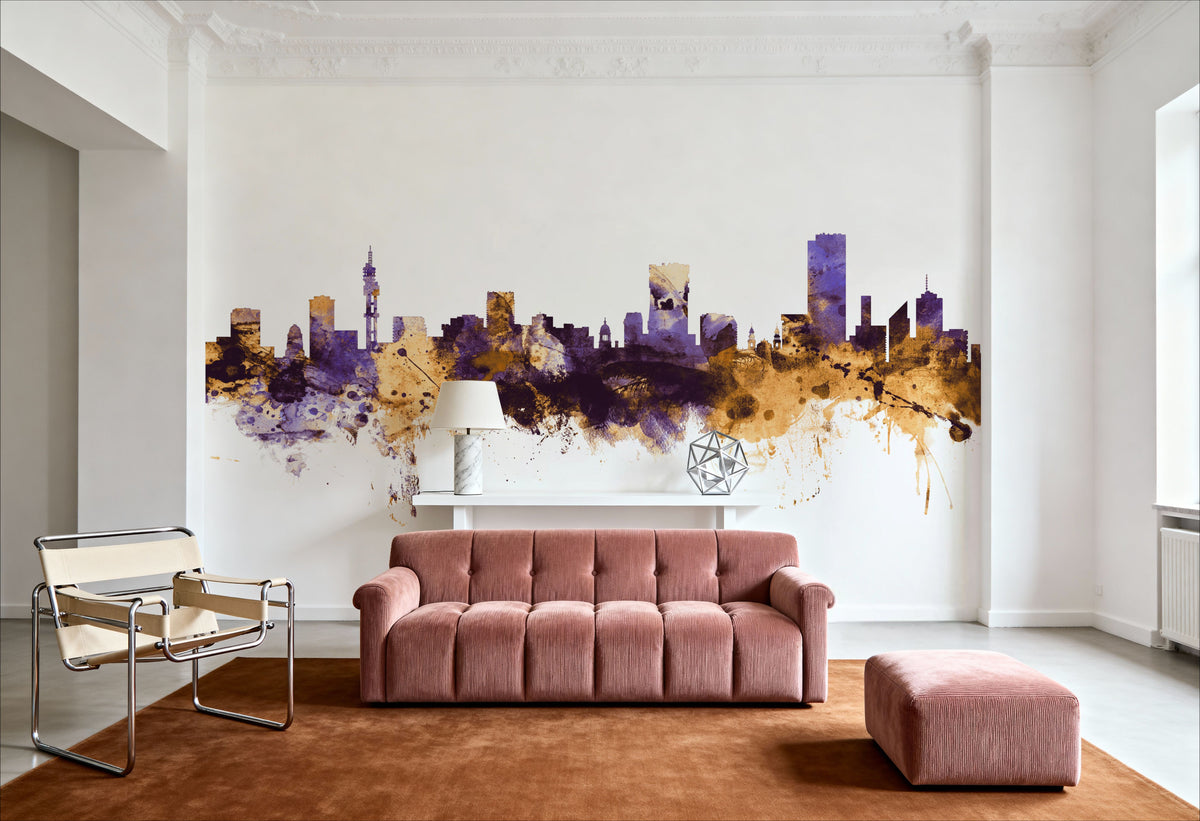 Pretoria South Africa Skyline Purple & Gold Mural Wallpaper - room preview 04