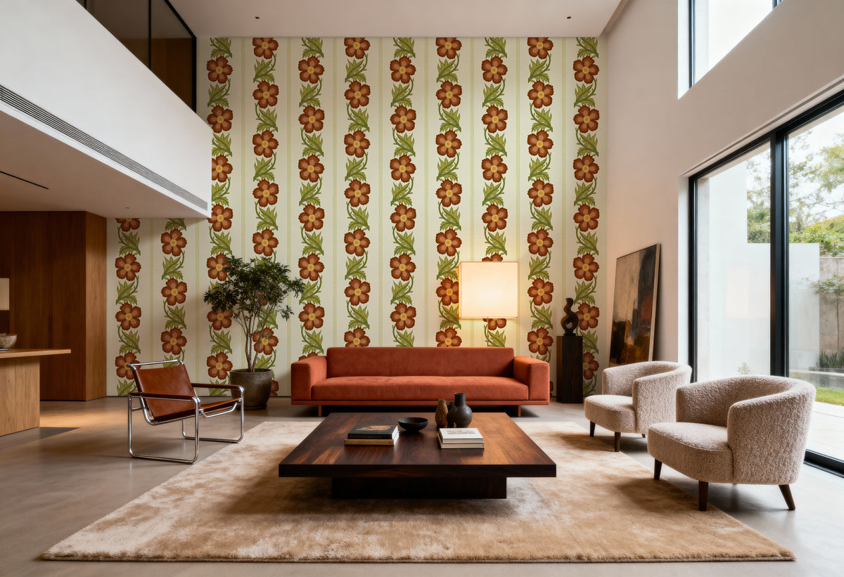 Floral Stripe, Red Mural Wallpaper - room preview 04