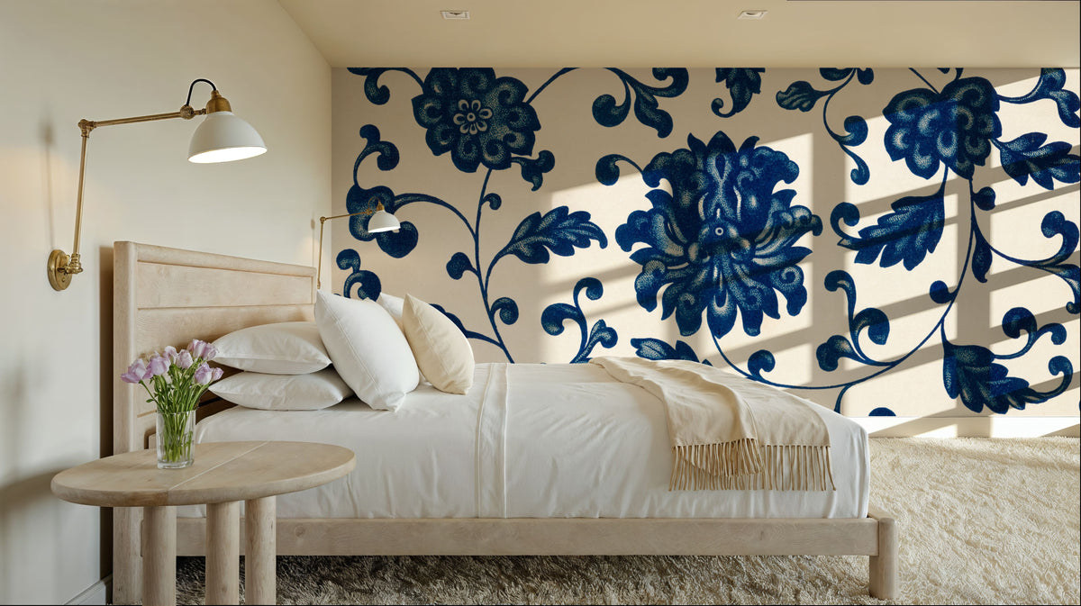 Chinese Ornament, Blue Flowers Mural Wallpaper - room preview 04
