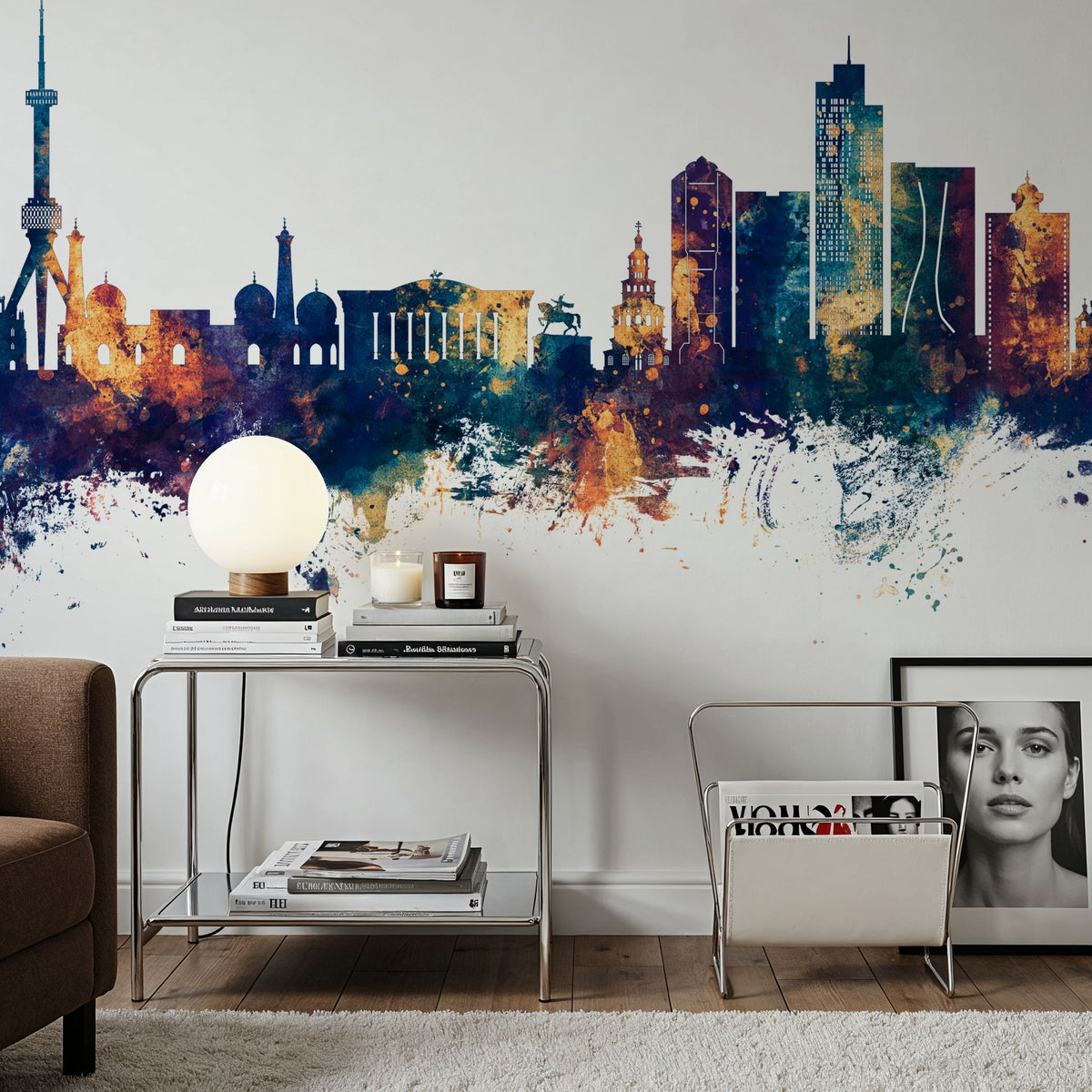 Tashkent Uzbekistan Skyline Blue & Bronze Mural Wallpaper - room preview 04