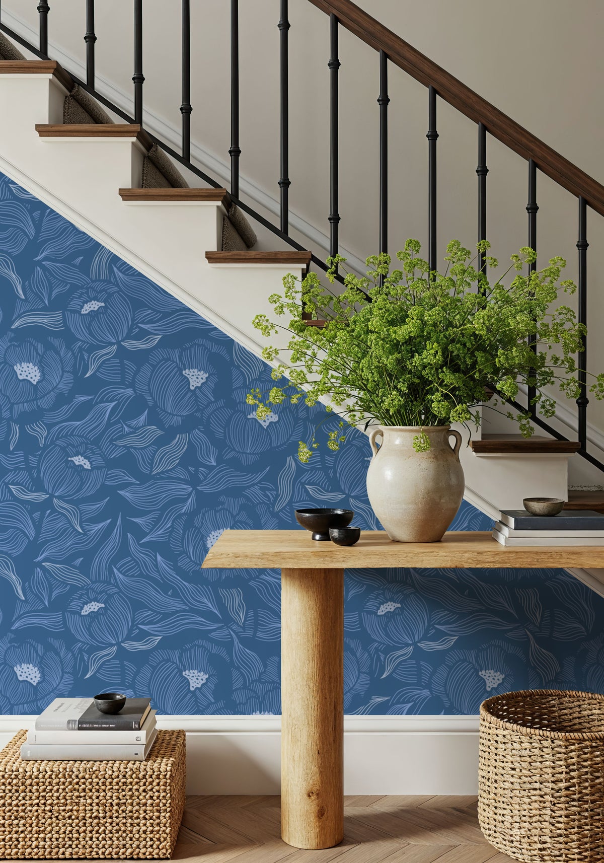 Hidden Peonies, Blue Mural Wallpaper - room preview 04