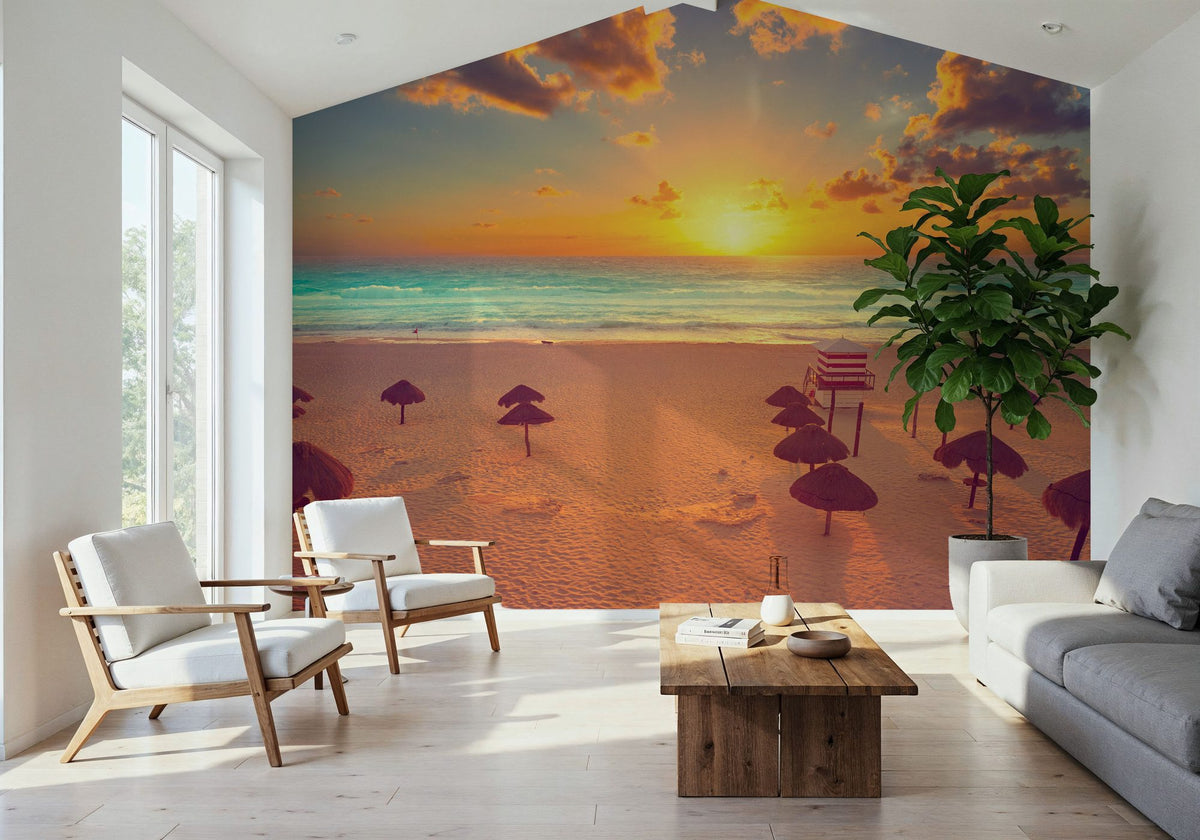 Golden Shore Sunrise Mural Wallpaper - Red Tone - room preview 04