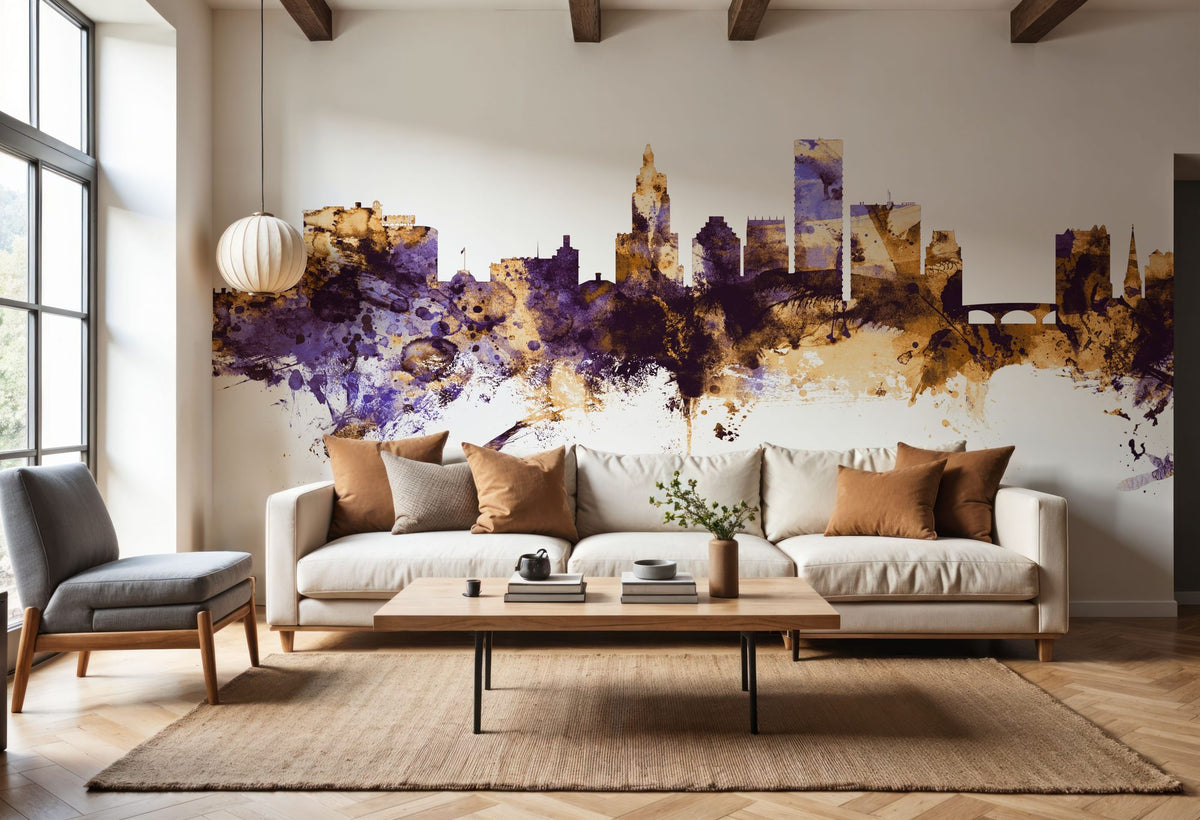 Providence Rhode Island Skyline Purple & Gold Mural Wallpaper - room preview 04
