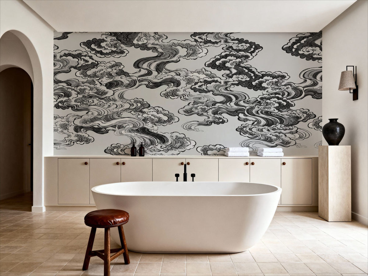 Ukiyo-e Clouds, Graphite Mural Wallpaper - room preview 04