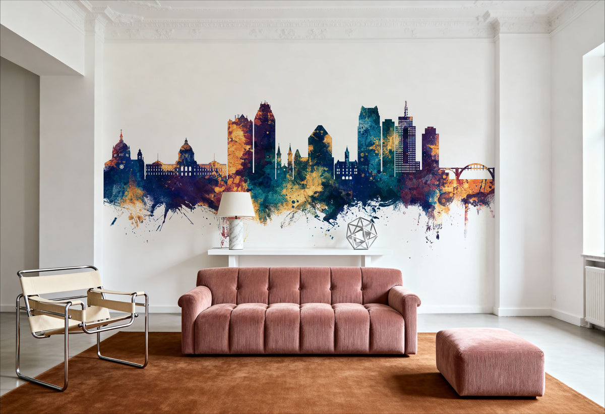 Saint Paul Minnesota Skyline Blue & Bronze Mural Wallpaper - room preview 04