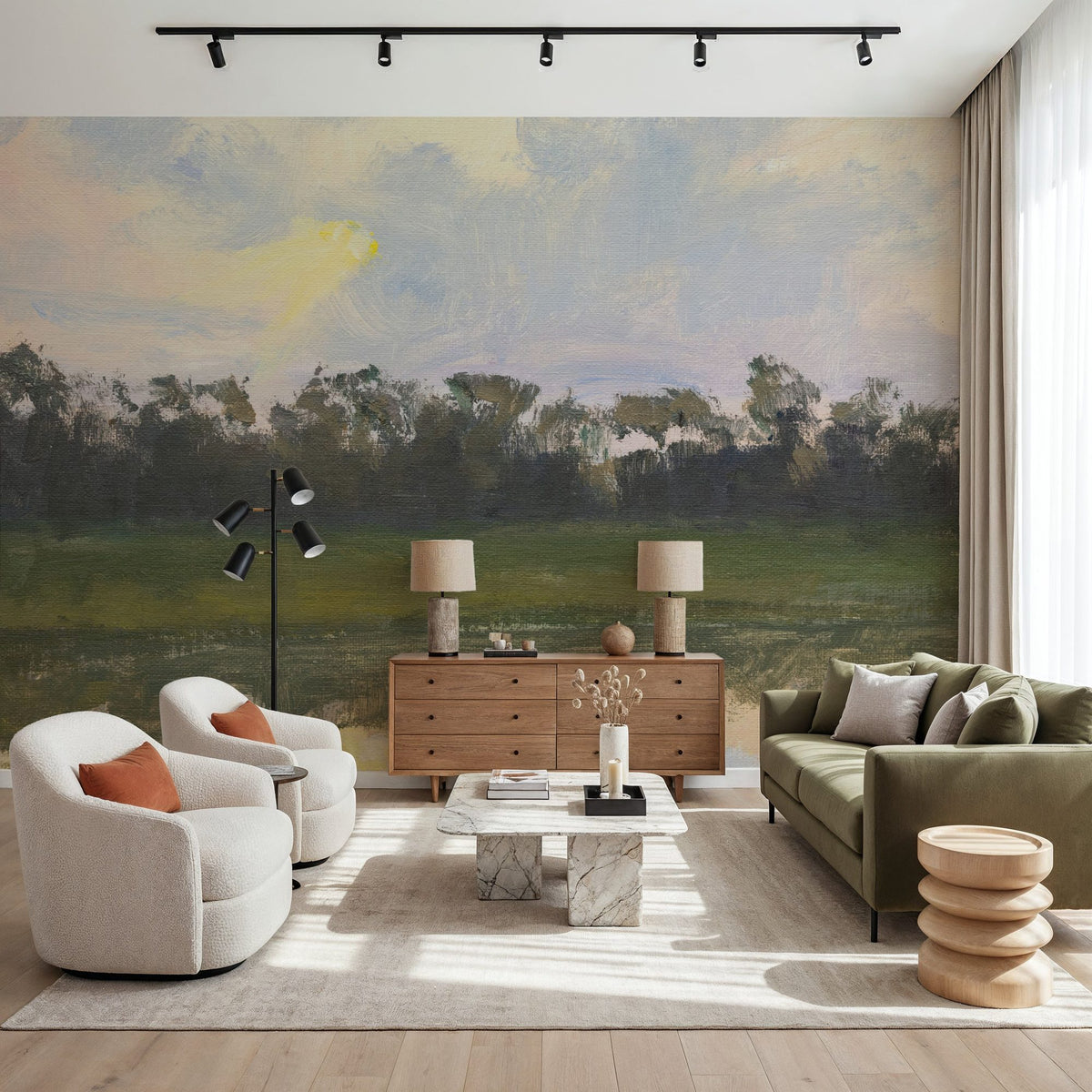 Sun and Clouds Reflecting Mural Wallpaper - room preview 04
