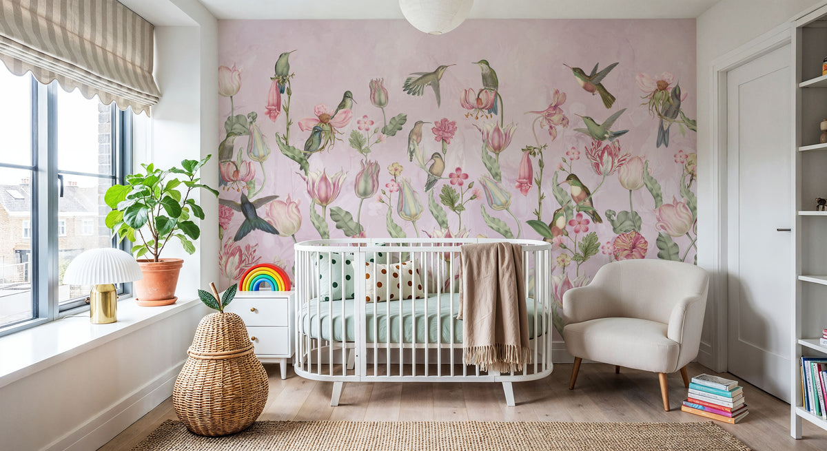 Tulips & Birds, Soft Pink Mural Wallpaper - room preview 04