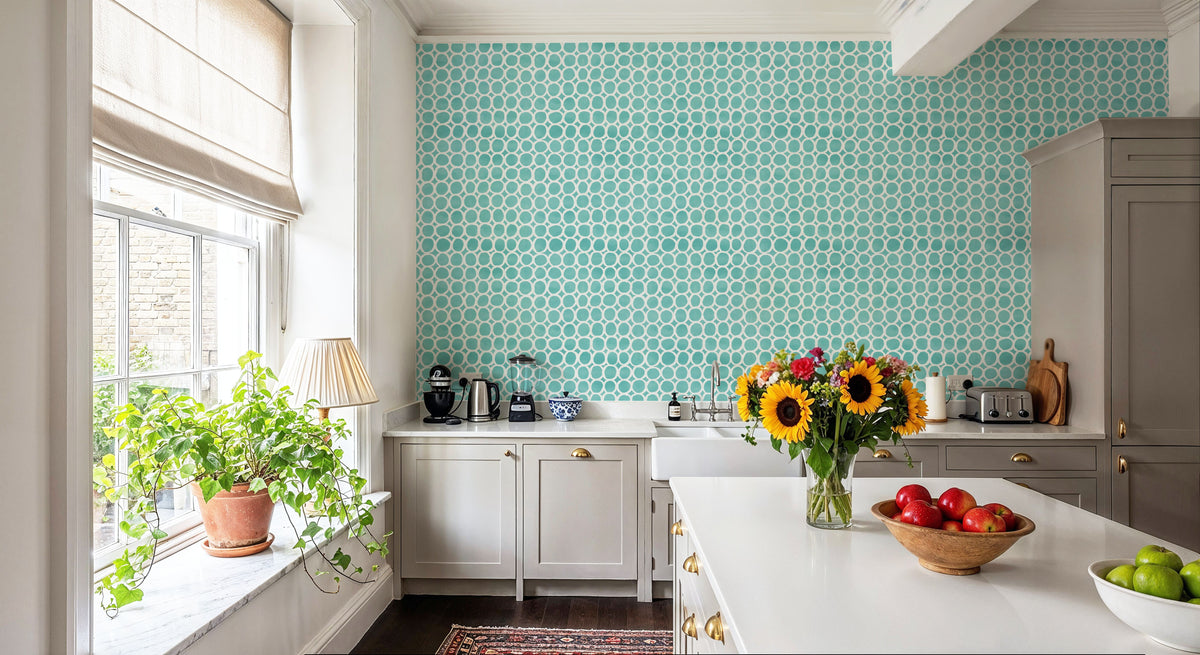 Mixed Turqouise Circles Inverse Mural Wallpaper - room preview 04