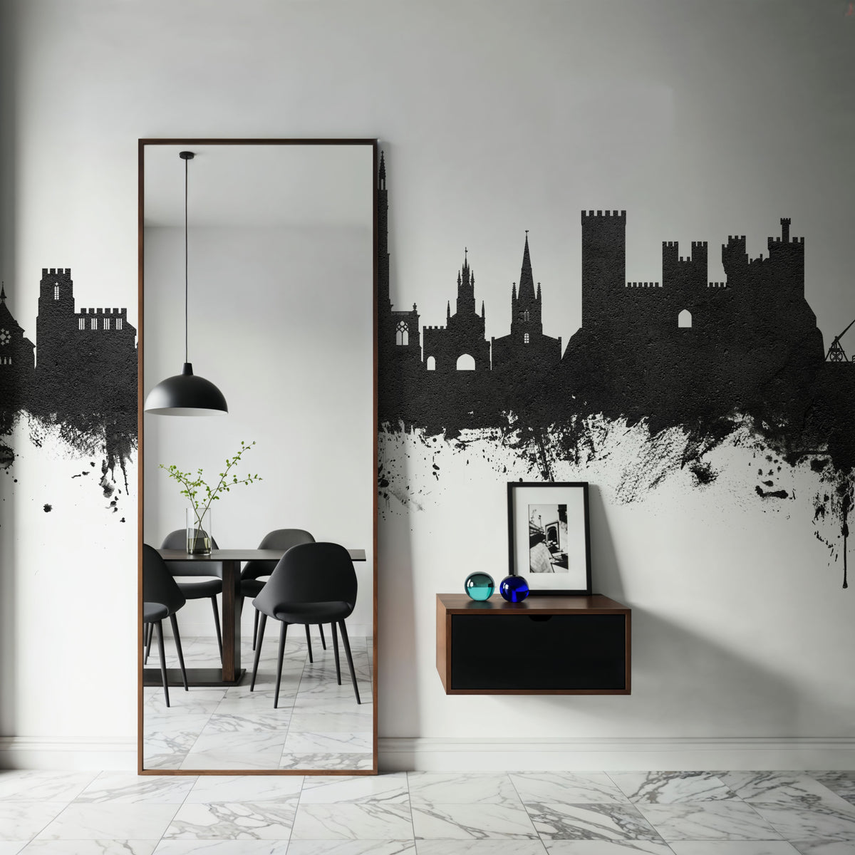 Warwick England Skyline Black & White Mural Wallpaper - room preview 04