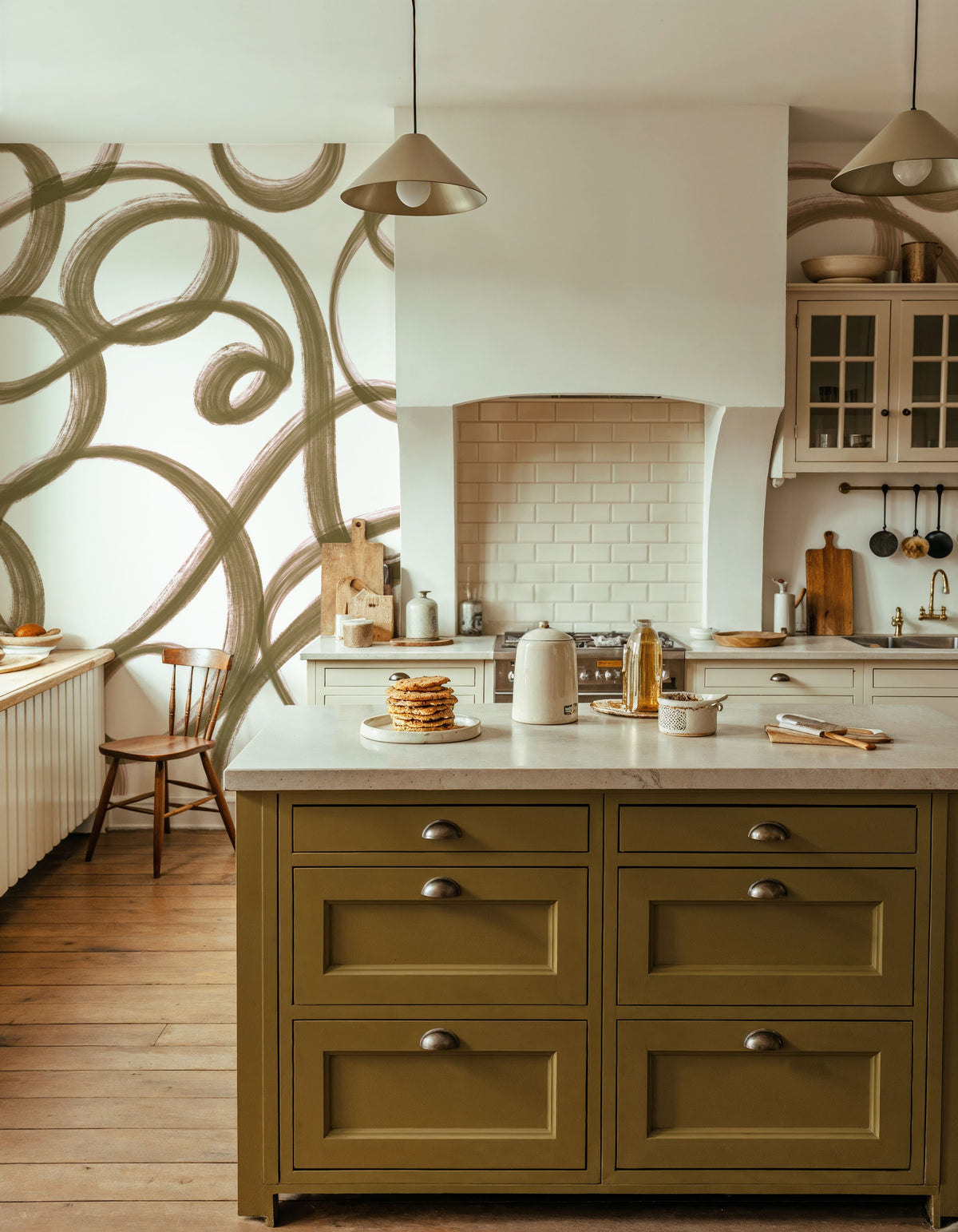 Curly Brush Lines, Beige Mural Wallpaper - room preview 04