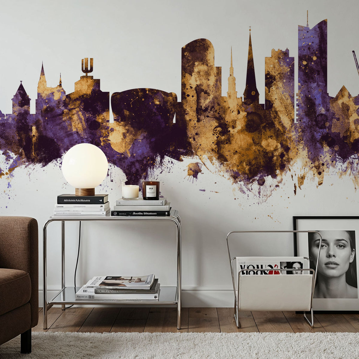 Dortmund Germany Skyline Purple & Gold Mural Wallpaper - room preview 04