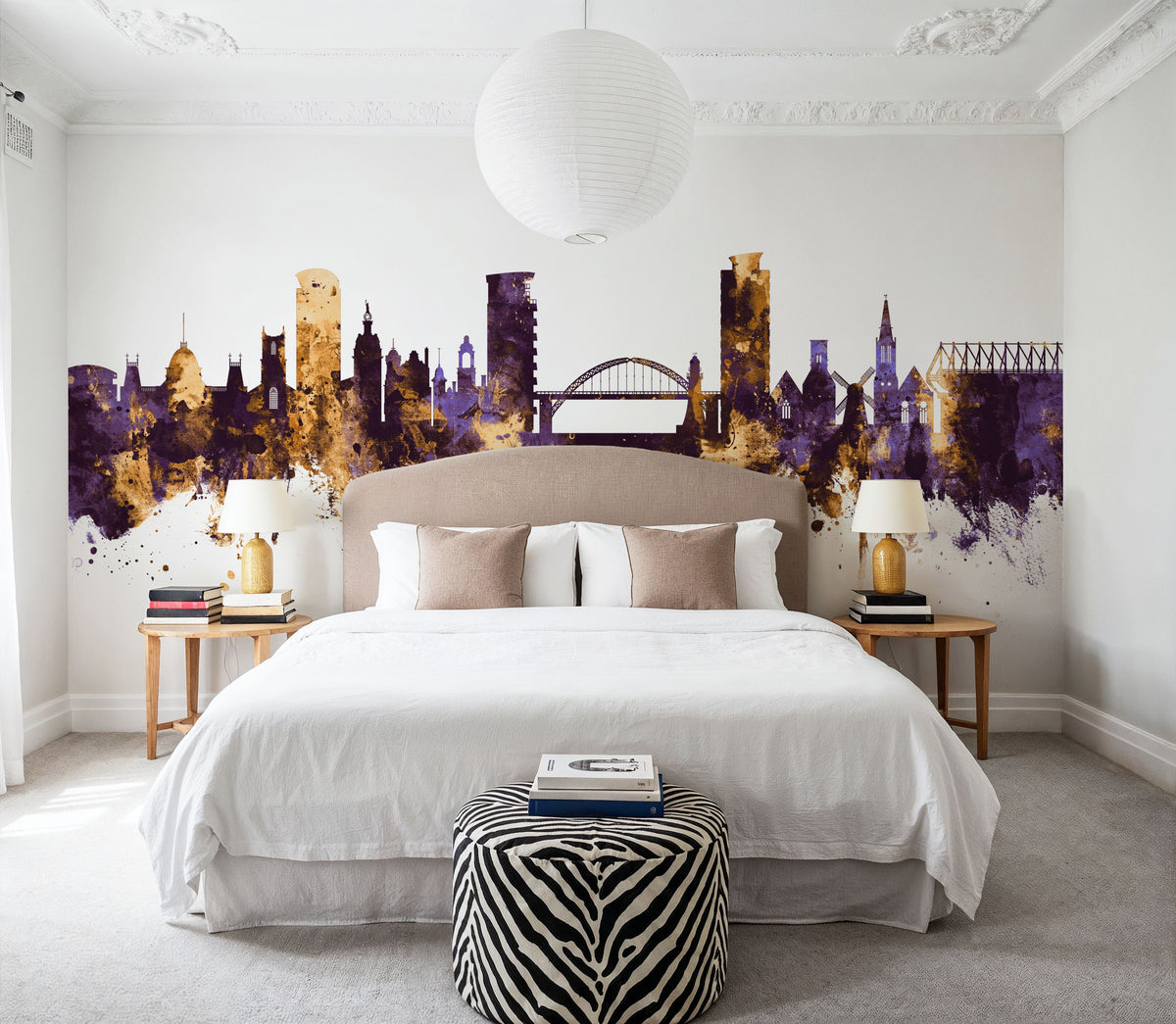 Sunderland England Skyline Purple & Gold Mural Wallpaper - room preview 04