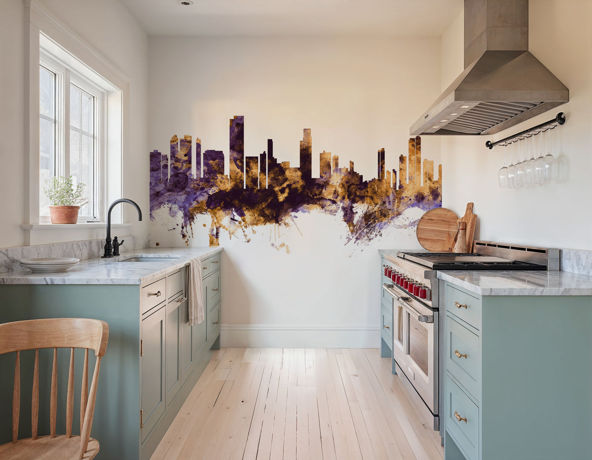 Honolulu Hawaii Skyline Purple & Gold Mural Wallpaper - room preview 04