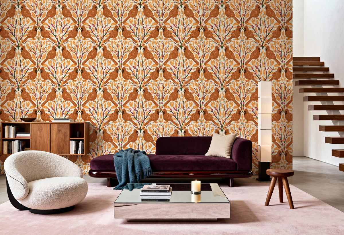 Cardinals & Winterberries, Yellow Mural Wallpaper - room preview 04