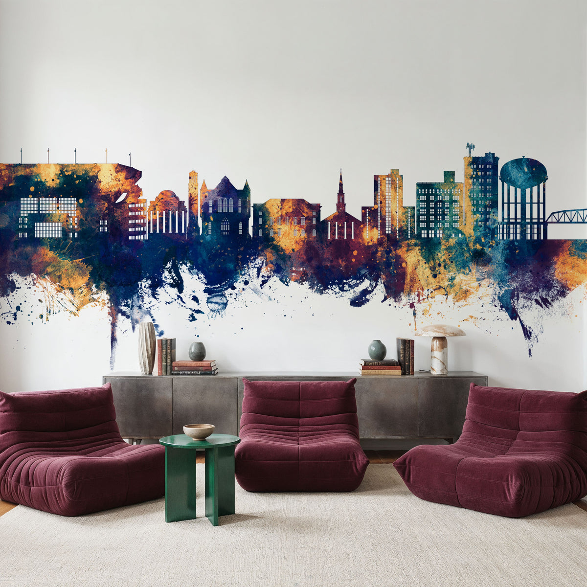 Tuscaloosa Alabama Skyline Blue & Bronze Mural Wallpaper - room preview 04