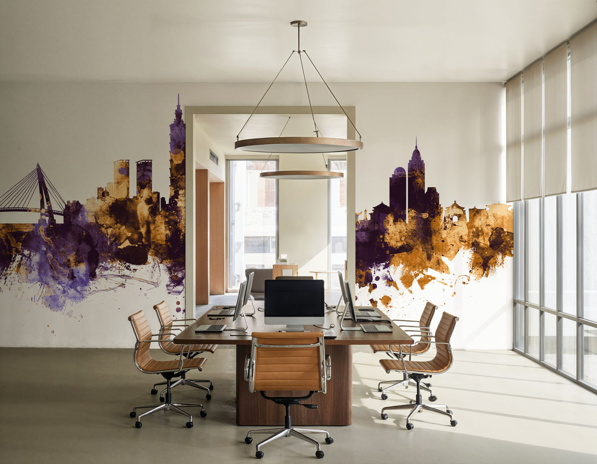Taipei Taiwan Skyline Purple & Gold Mural Wallpaper - room preview 04