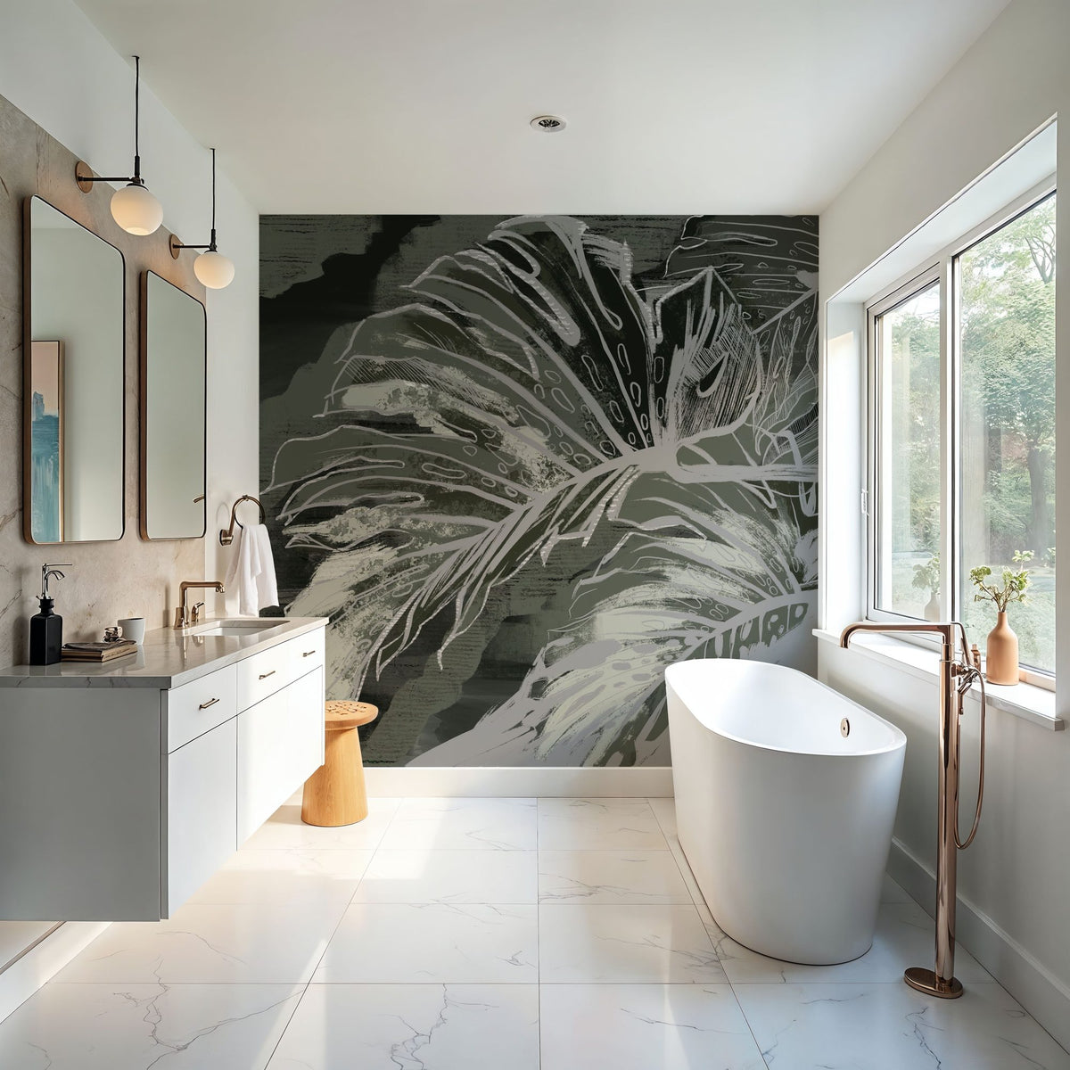 High Grunge Leaves Mural Wallpaper - Neutral Tone - room preview 04