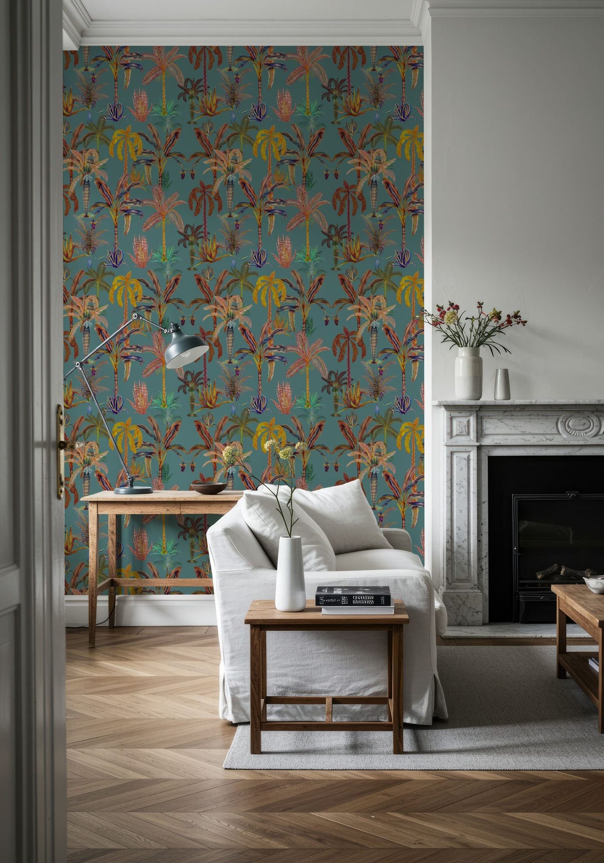 Statement Palms Petite, Turquoise Mural Wallpaper - room preview 04