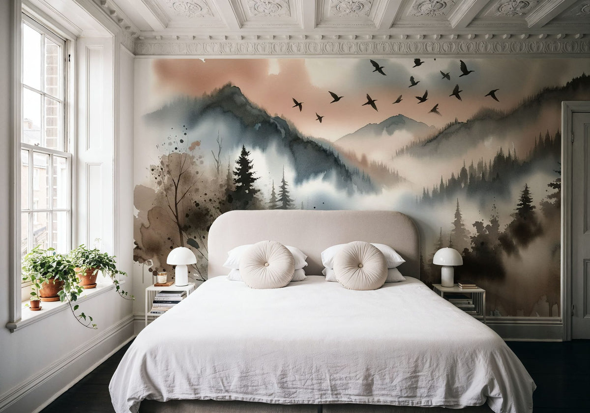 Mystic Mountains Veiled in Morning Mist Mural Wallpaper - room preview 04