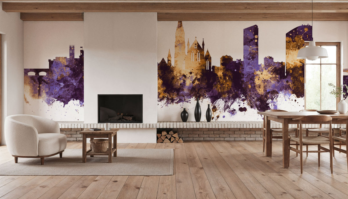 Limerick Ireland Skyline Purple & Gold Mural Wallpaper - room preview 04