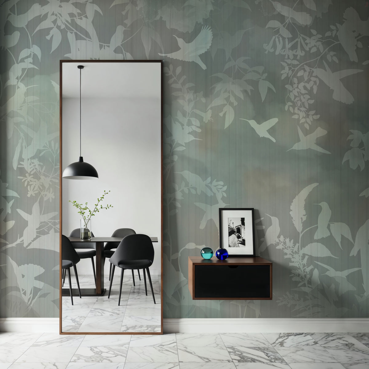 Birds in the Fog Green Mural Wallpaper - room preview 04
