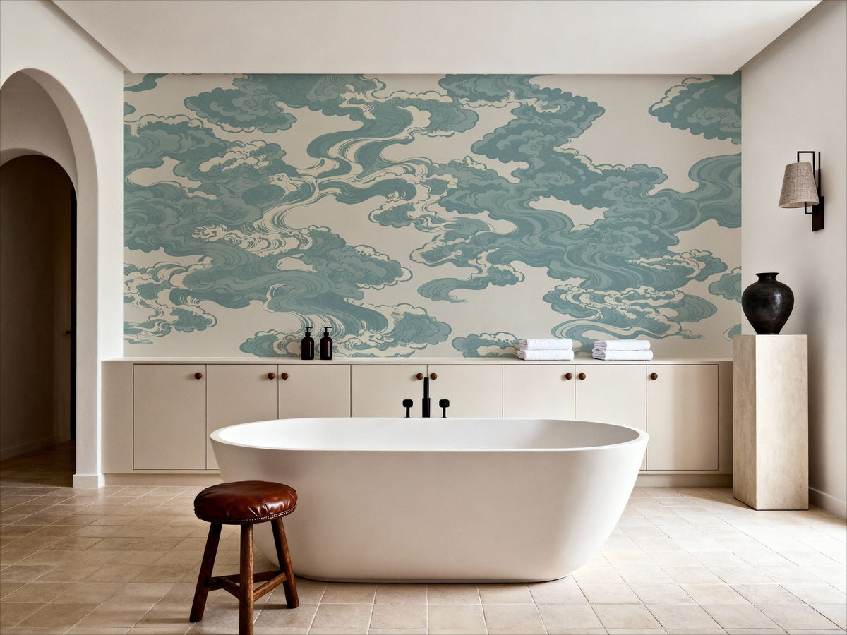 Ukiyo-e Clouds, Soft Teal Mural Wallpaper - room preview 04