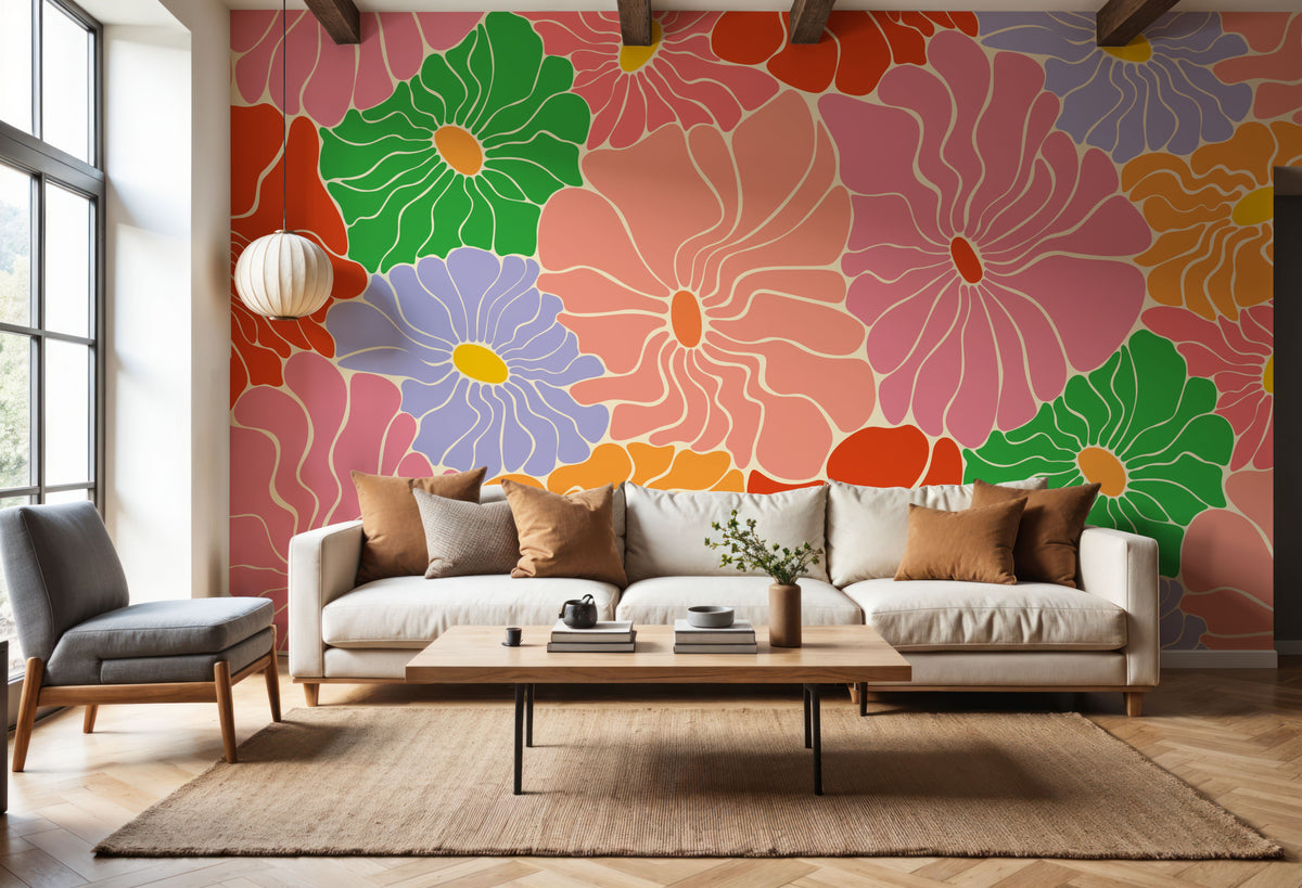 Cool Fluid Flowers Mural, Bright Multi Mural Wallpaper - room preview 04