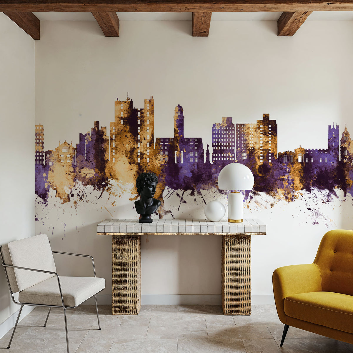 Luton England Skyline Purple & Gold Mural Wallpaper - room preview 04