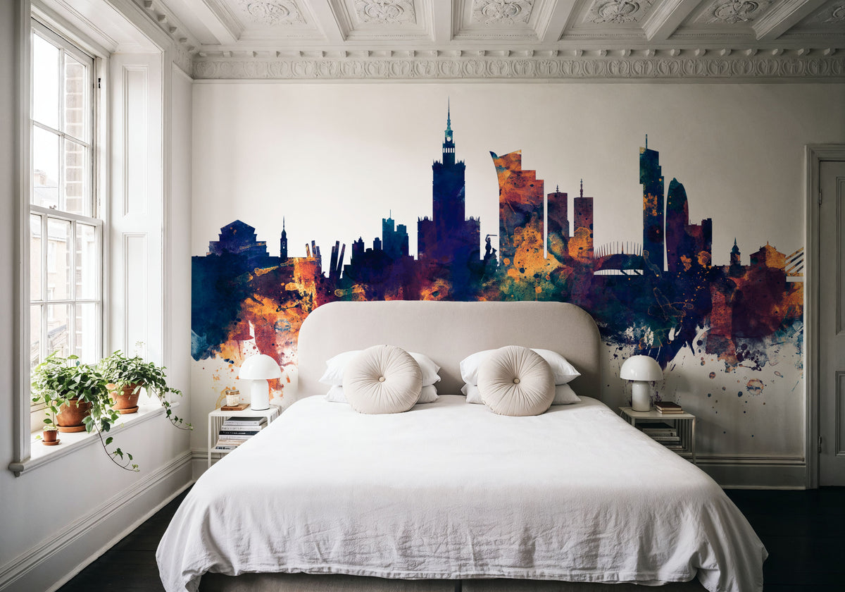 Warsaw Poland Skyline Blue & Bronze Mural Wallpaper - room preview 04