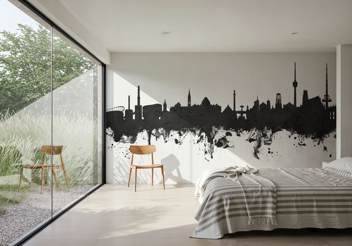 Stuttgart Germany Skyline Black & White Mural Wallpaper - room preview 04