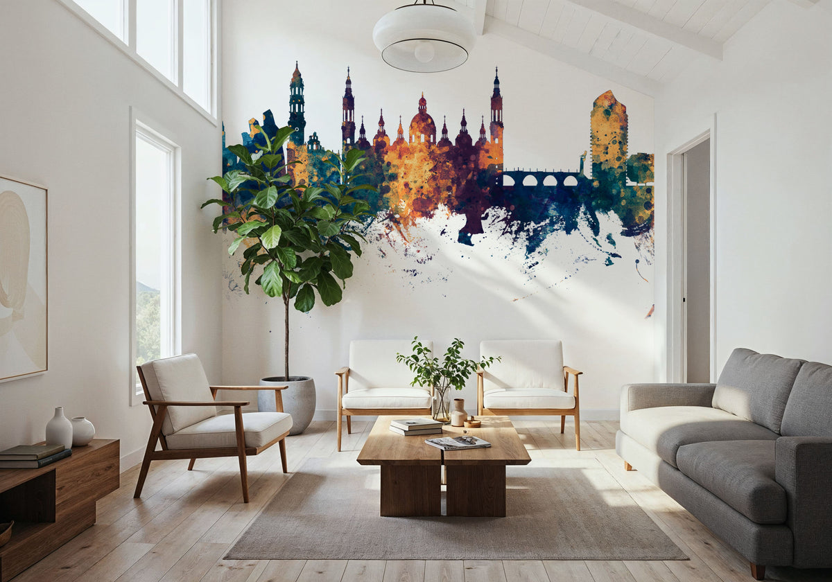 Zaragoza Spain Skyline Blue & Bronze Mural Wallpaper - room preview 04