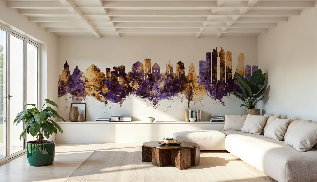 Naples Italy Skyline Purple & Gold Mural Wallpaper - room preview 04